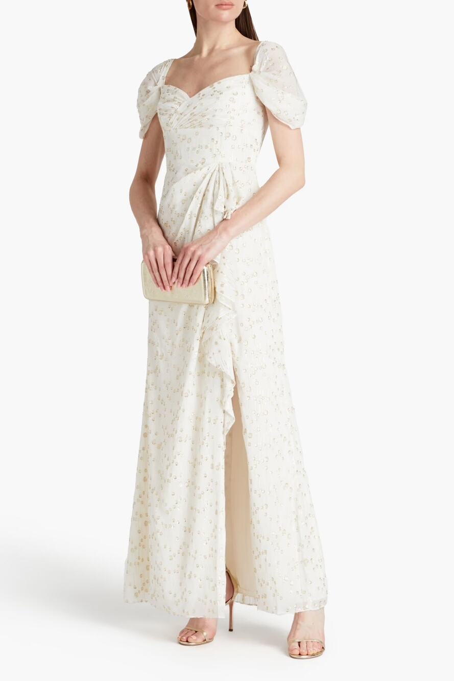 Monique Lhuillier White Gold Metallic Draped Coupe Sweetheart Formal Gown 10